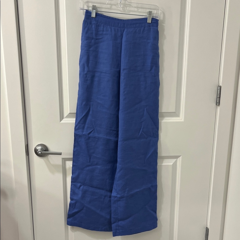 Magaschoni Women’s Blue Linen Wide-Leg Pants XS